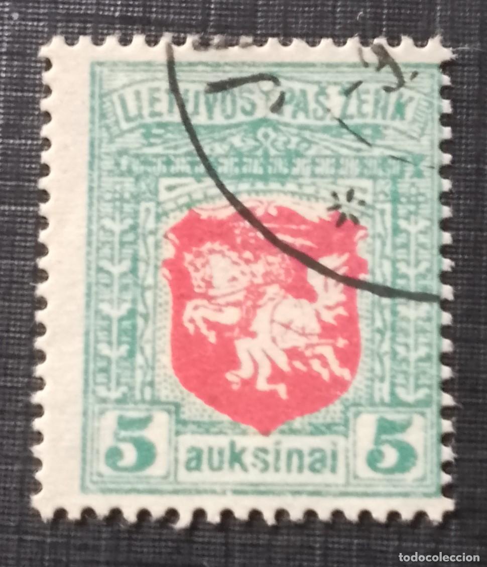 Sellos: LITUANIA,LIETUVOS PASTO ZENKAS - V/F 5 AUKSINAI - A&Ntilde;O 1919- CABALLERO A CABALLO, ESCUDO DE ARMAS