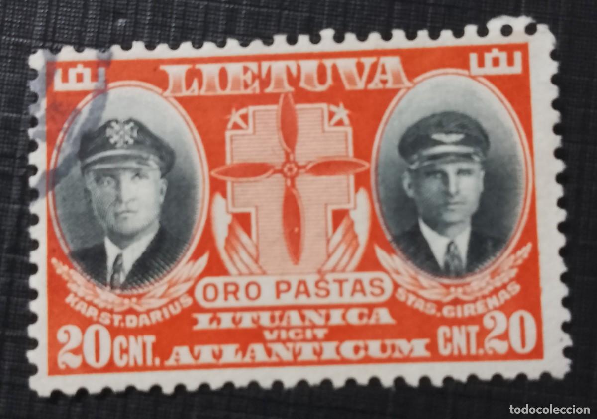 Sellos: LITUANIA, LIETUVA - V/F 20 CNT - A&Ntilde;O 1934 - CONMEMORACI&Oacute;N MUERTE DE LOS AVIADORES, DARIUS Y GIRENES.