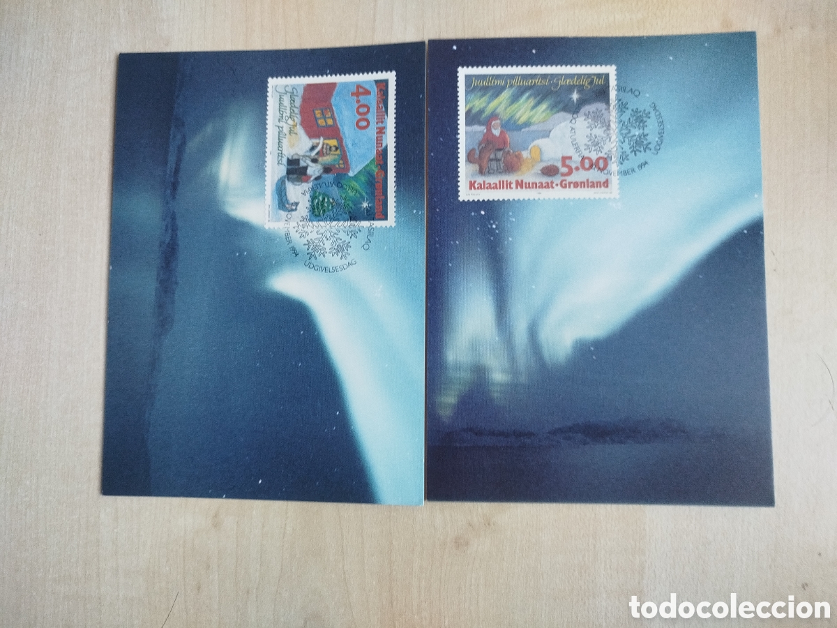Sellos: Groenlandia. Pareja Tarjetas M&aacute;ximas (Maximum Cards) Navidad 1994. FDC Auroras Boreales.