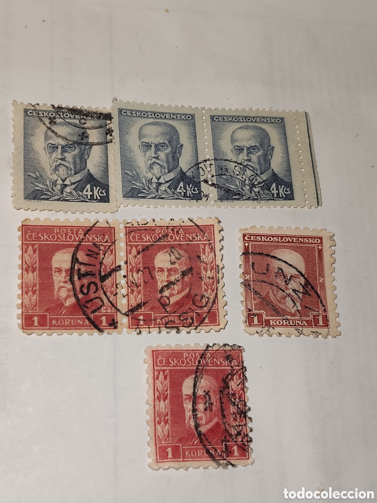 Sellos: 7 sellos de Checoslovaquia Tomas Garrigue Masaryck primer Presidente del pa&iacute;s 1923-30 usados