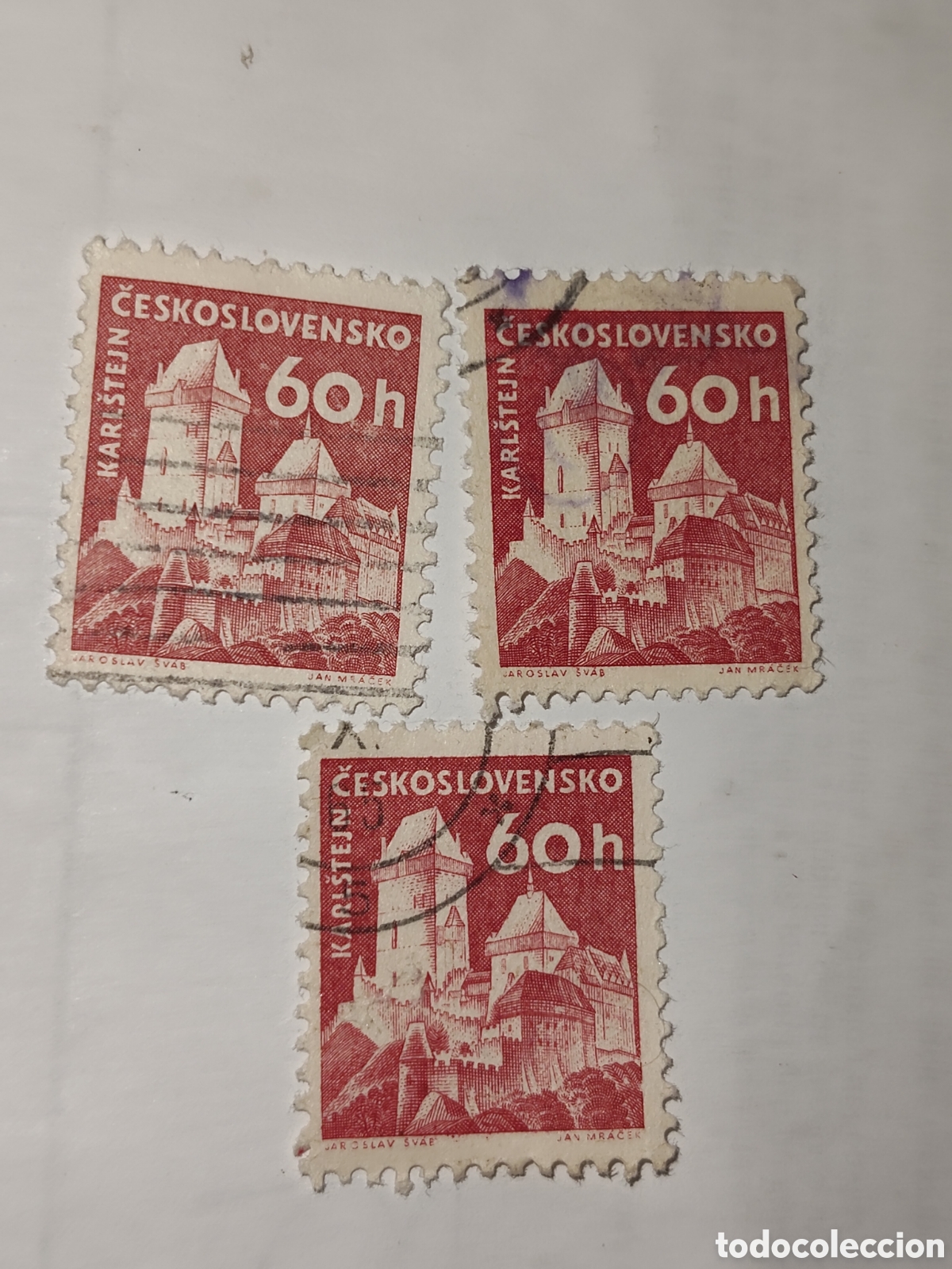Sellos: 3 sellos de Checoslovaquia Castillo Karlstejn 1960 usados