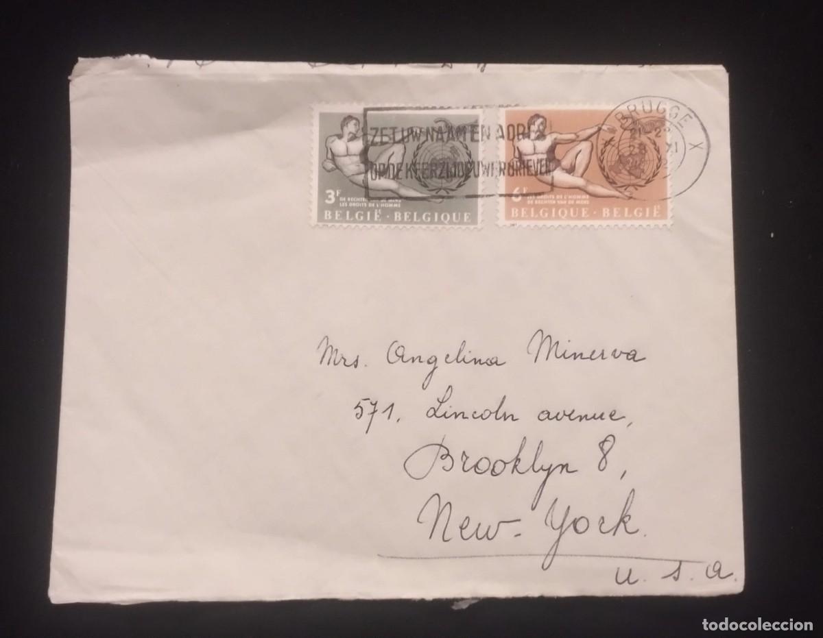 Sellos: TS) 1951 BELGIUM, SLOGAN CANCELLATION, COVER SENT FROM BRUGES TO NEW YORK, WITH THE ANNIVERSARY OF T