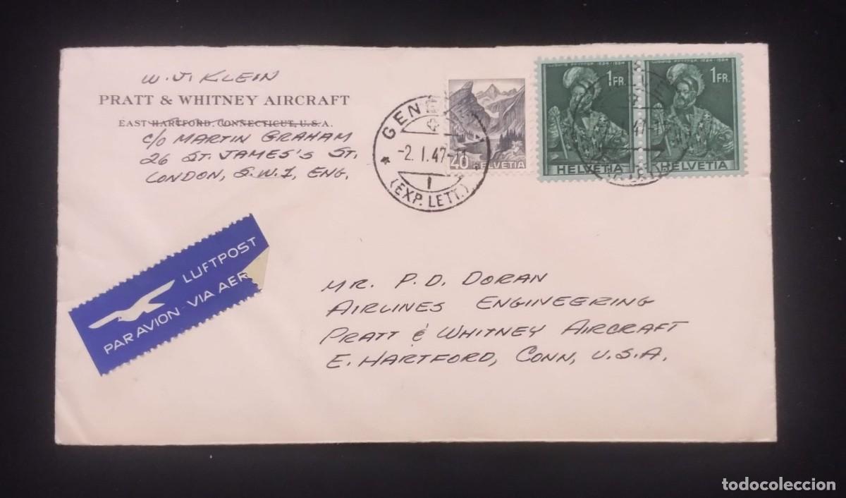 Sellos: TS) 1947 SWITZERLAND,COVER SENT FROM GENEVA TO CONNECTICUT,USA,AIRMAIL,WITH COLONEL LUDWIG PFYFFER.