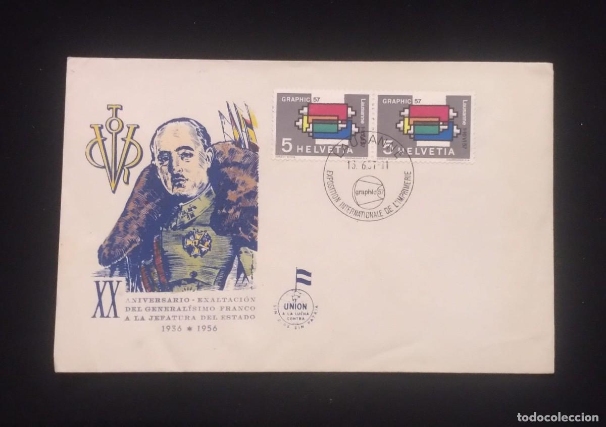 Sellos: TS) 1956 SPAIN-SWITZERLAND,MIXED FDC,CIRCULATED FROM LAUSANNE,WITH A SPANISH DESIGN + SWISS STAMPS.