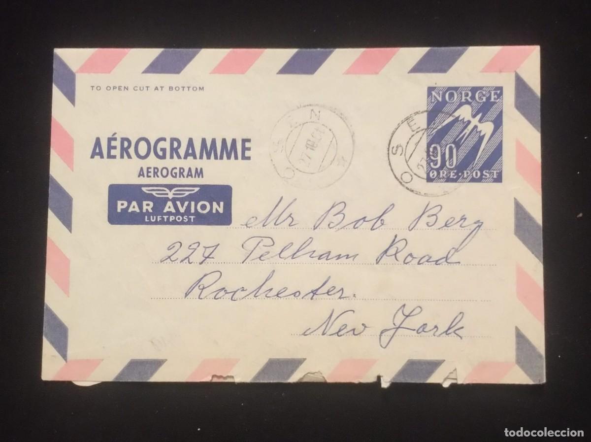 Sellos: TS) 1950 NORWAY, AEROGRAM, COVER SENT TO NEW YORK, WITH THE SILHOUETTE OF AN AIRPLANE AND THE OUTSTR