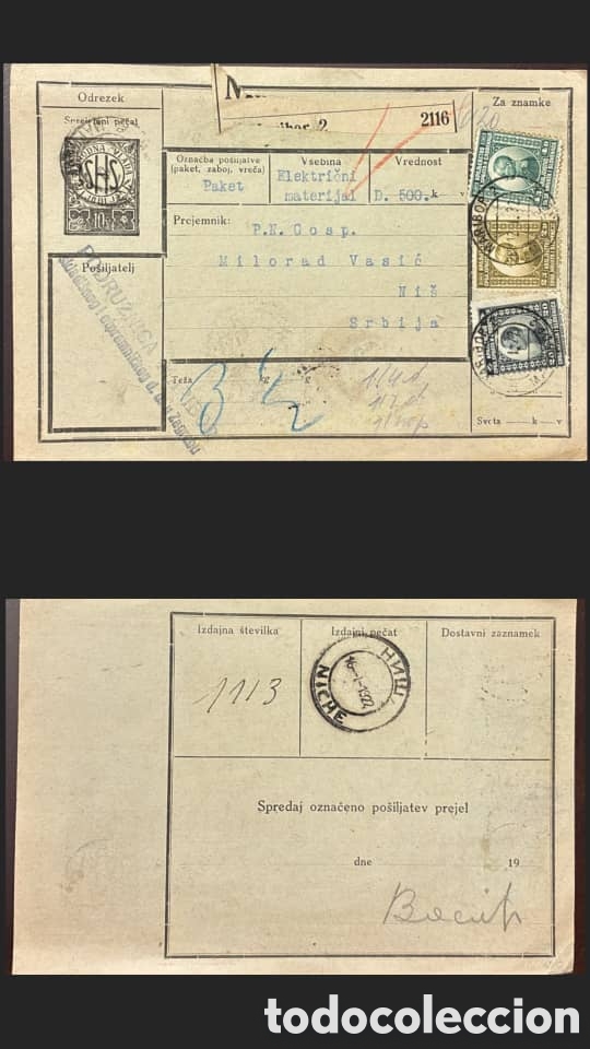 Sellos: CA)Kingdom of Serbs, Croats and Slovenes (later Yugoslavia), 1924, Parcel Post Receipt. Official pos