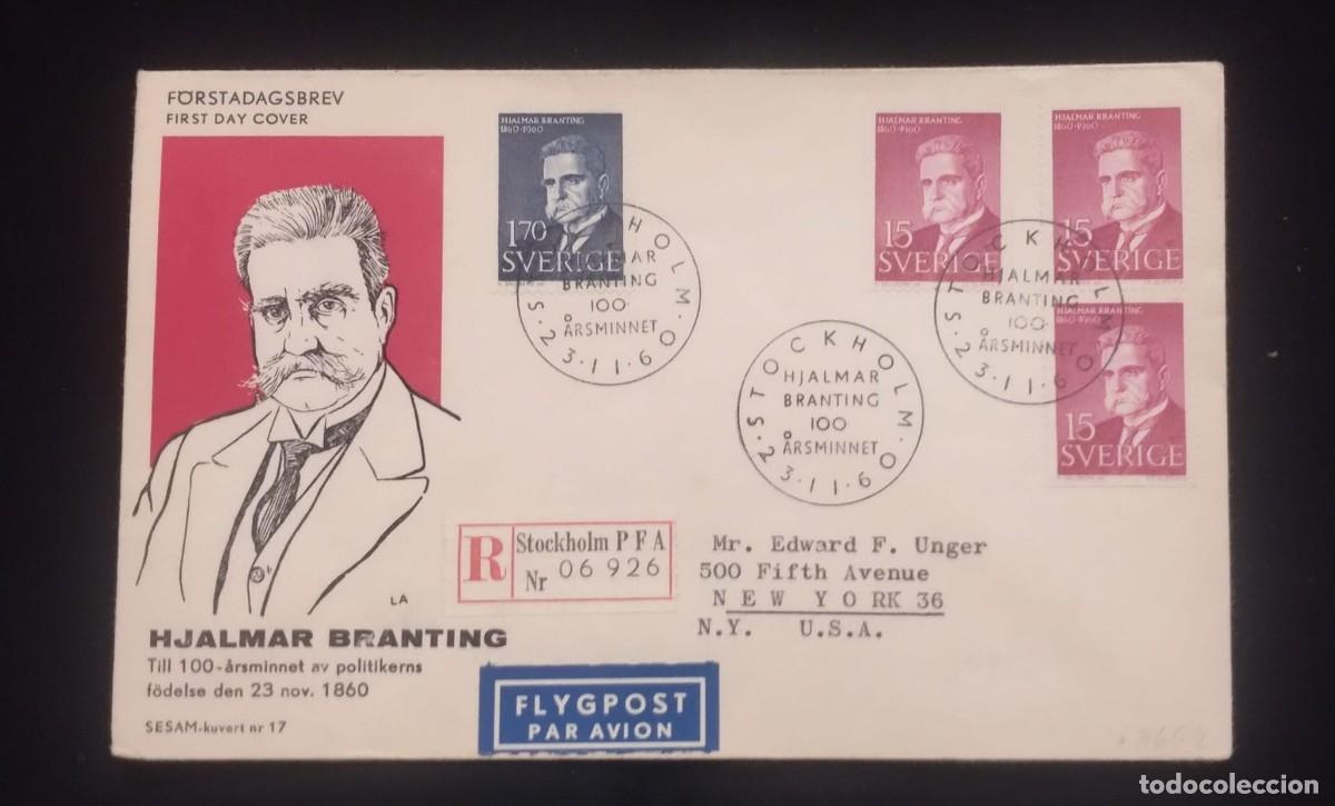 Sellos: TS) 1960 SWEDEN, FDC, AIRMAIL, COVER SENT FROM STOCKHOLM TO NEW YORK, AND TO COMMEMORATE THE CENTENA