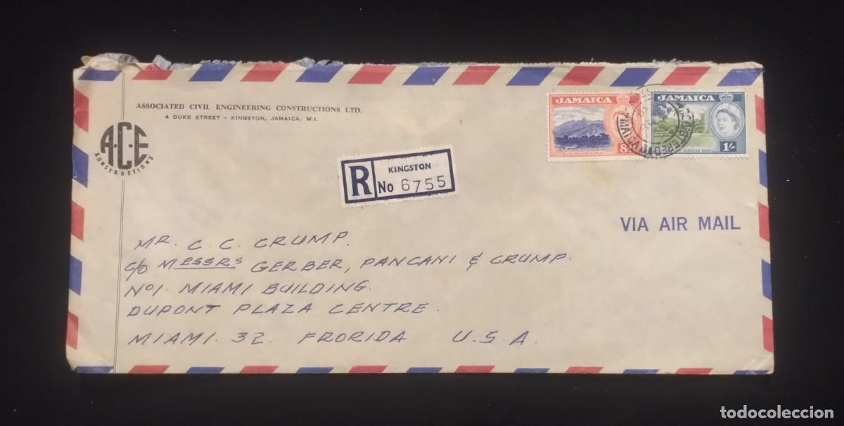 Sellos: TS) CIRCA 1960 JAMAICA, COVER SENT FROM KINGSTON TO MIAMI, REGISTRATION NUMBER, AIRMAIL, WITH QUEEN