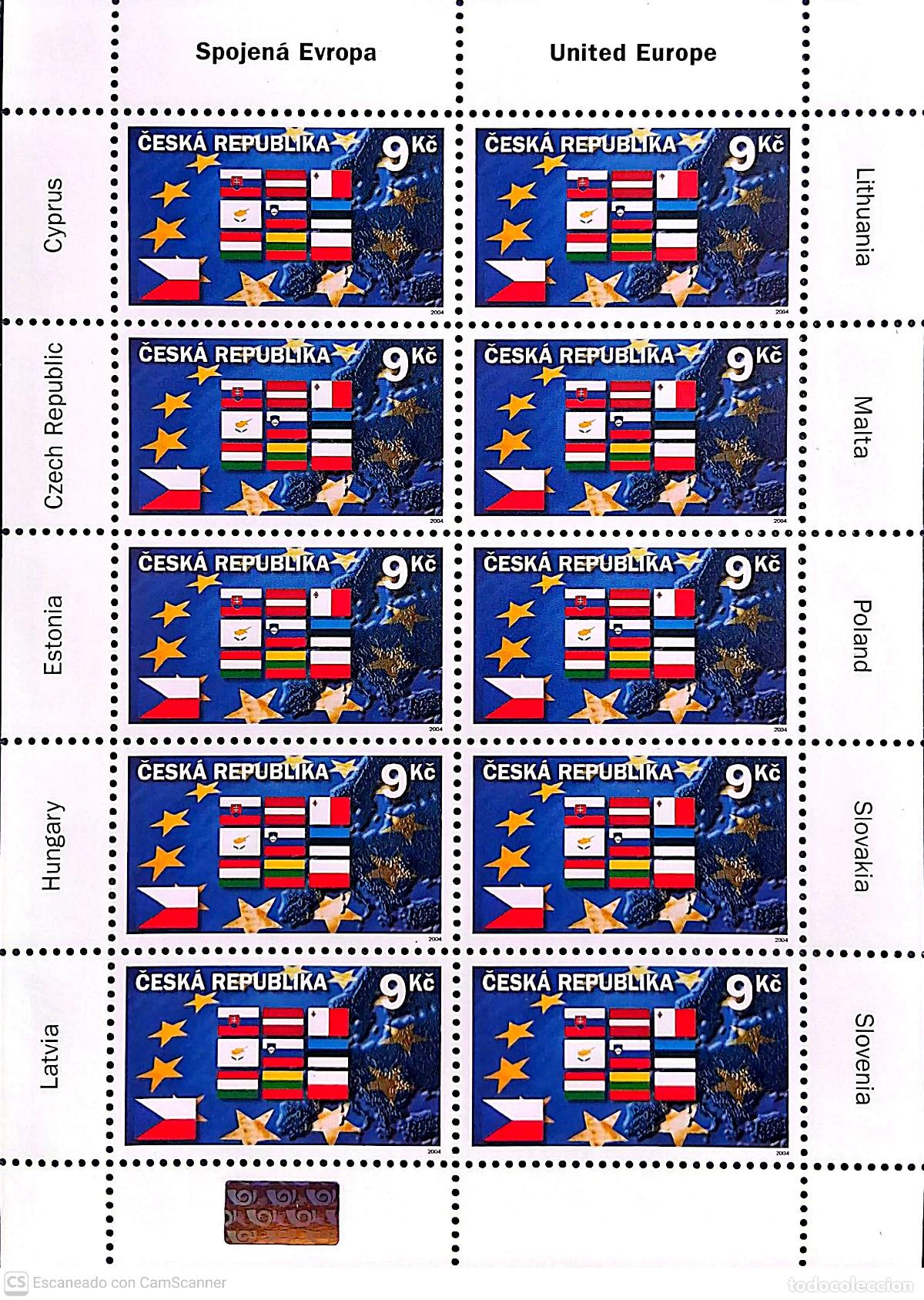 Sellos: Rep. Checa. 365 Ampliaci&oacute;n de la Uni&oacute;n europea con 10 nuevos pa&iacute;ses, en MH de 10 sellos. 2004. Sello