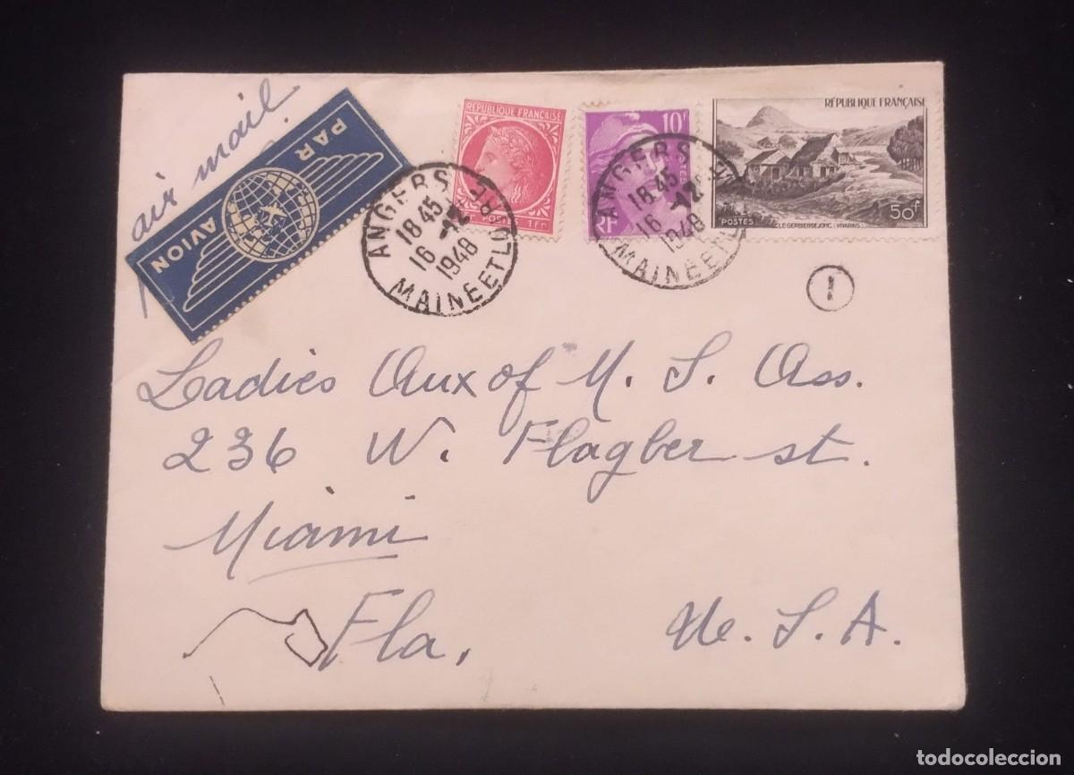 Sellos: TS) 1948 FRANCE, COVER SENT FROM ANGERS TO MIAMI, AIRMAIL, WITH CERES DE MARZELIN, MARIANA DE GANDON