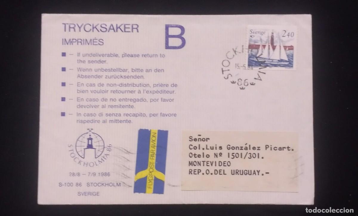 Sellos: TS) 1986 SWEDEN, AIRMAIL, COVER SENT TO MONTEVIDEO,WITH STOCKHOLM CITY HALL AND SAILBOATS STAMP,VF.