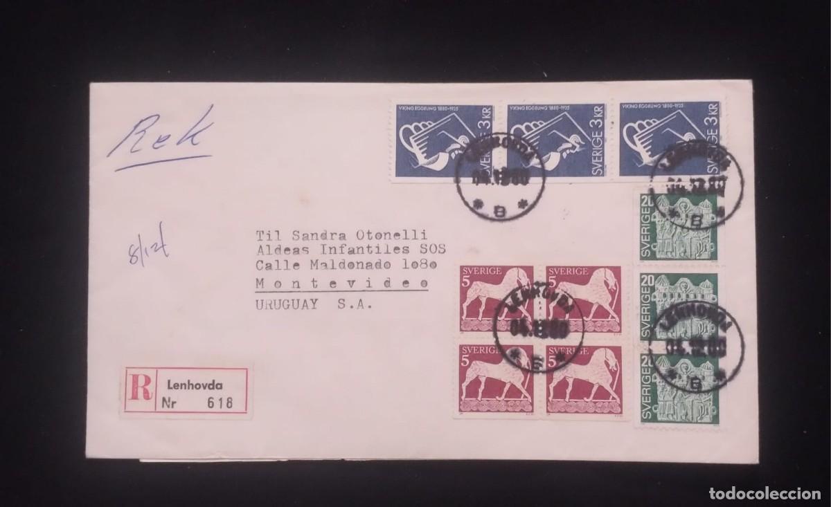 Sellos: TS) 1980 SWEDEN, WITH REGISTRATION NUMBER,COVER SENT FROM LENHOVDA TO MONTEVIDEO, WITH MULTIPLE STAM