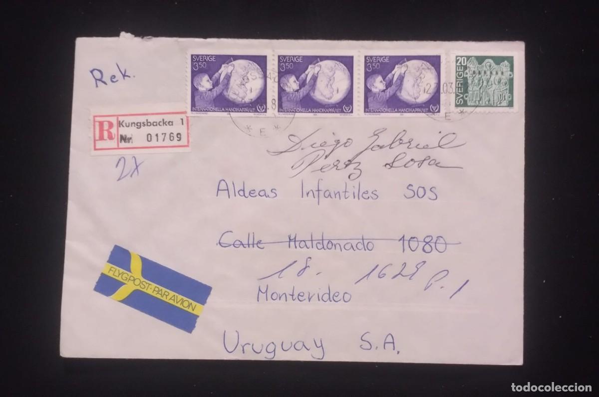 Sellos: TS) 1981 SWEDEN, REGISTRATION NUMBER, AIRMAIL, COVER SENT FROM KUNGSBACKA TO MONTEVIDEO,WITH THE INT