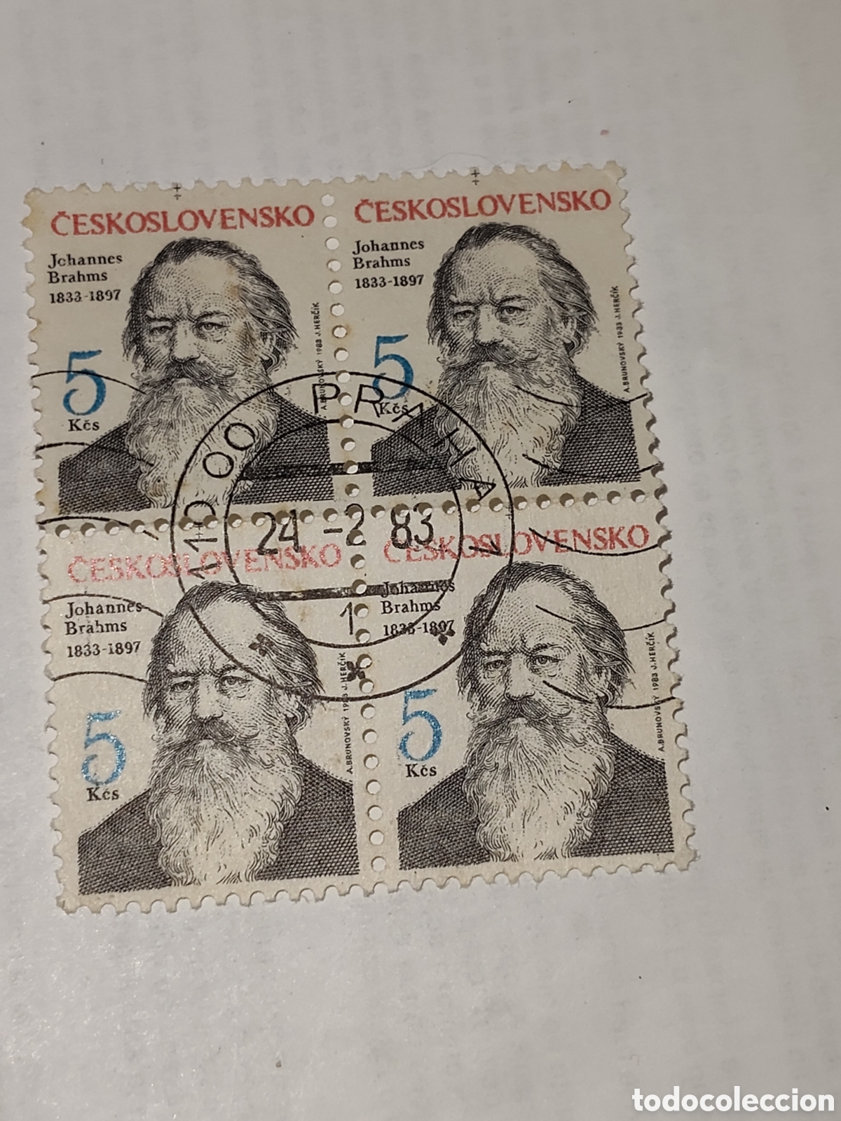 Sellos: Bloque de 4 sellos de Checoslovaquia 150 aniversario del compositor alem&aacute;n Johannes Brahms 1983