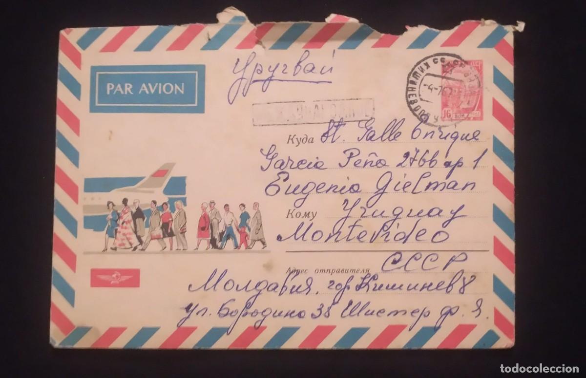 Sellos: TS) 1976 SOVIET UNION, AIRMAIL,COVER SENT FROM MOLDOVA TO MONTEVIDEO,WITH AIRPLANE AND HYDROELECTRIC