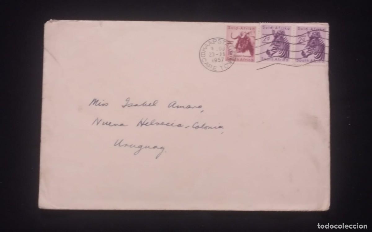 Sellos: TS) 1957 SOUTH AFRICA, CANCELLATION STAMP, COVER SENT FROM CAPE TOWN TO COLONIA, URUGUAY, WITH THE W