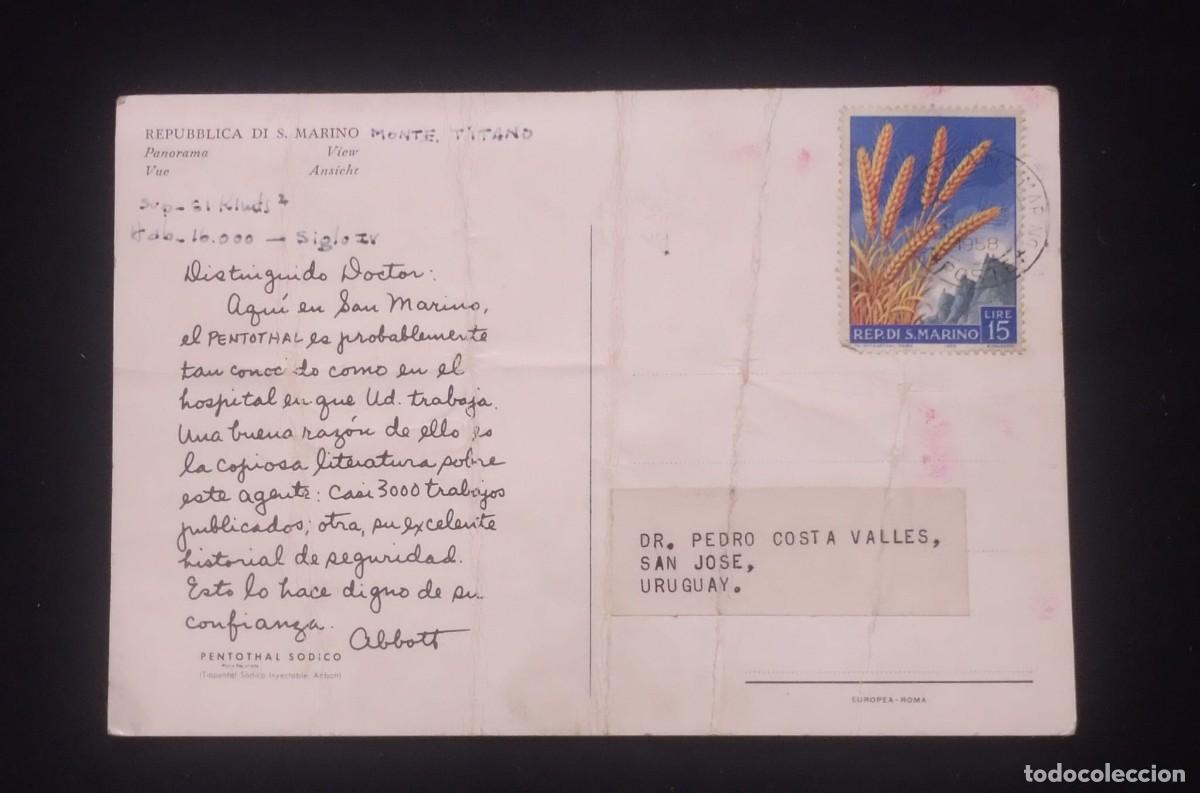 Sellos: TS) 1958 REPUBLIC OF SAN MARINO, POSTCARD,COVER SENT FROM SAN MARINO TO SAN JOS&Eacute;, URUGUAY, WITH AGRI