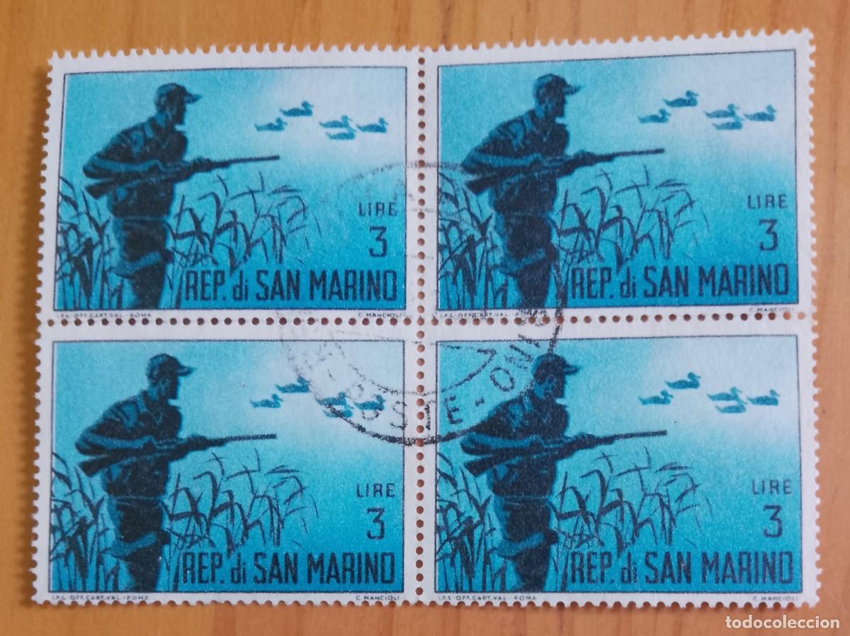 Sellos: SAN MARINO - V/F 3 LIBRE - A&Ntilde;O 1962 - LA CAZA - YV 564, M. 741 - TIRA CON 4 SELLOS