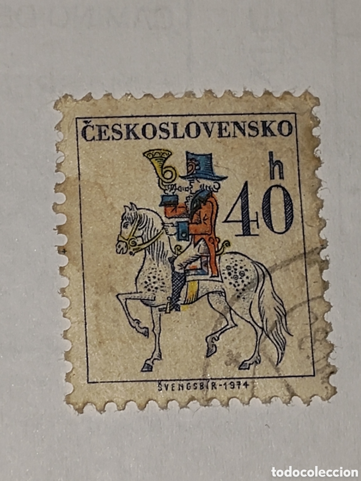 Briefmarken: Sello de Checoslovaquia mensajero a caballo con una trompeta 1974