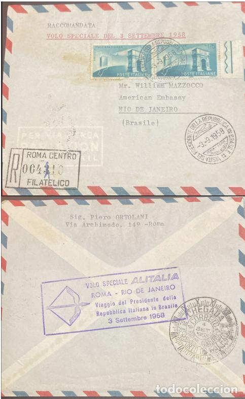 Sellos: TS) 1958 ITALY,REGISTERED AIRMAIL, COVER SENT FROM ROME TO RIO DE JANEIRO,ITALIAN-BRAZILIAN FRIENDSH