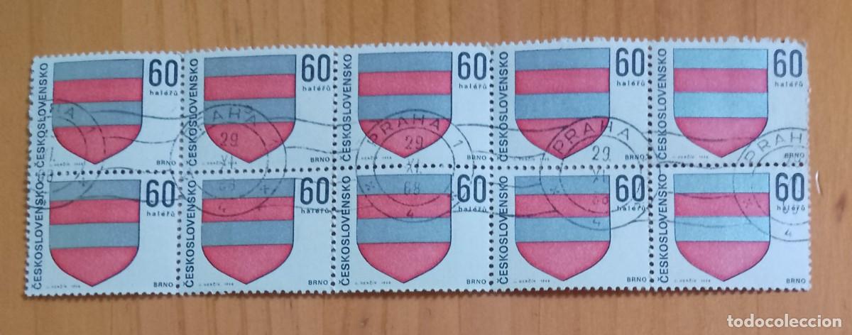 Sellos: CHECOSLOVAQUIA - V/F 60 HALERU - A&Ntilde;O 1968 - ESCUDO, BRNO - TIRA 8 SELLOS CON GOMA, MATASELLOS FAVOR