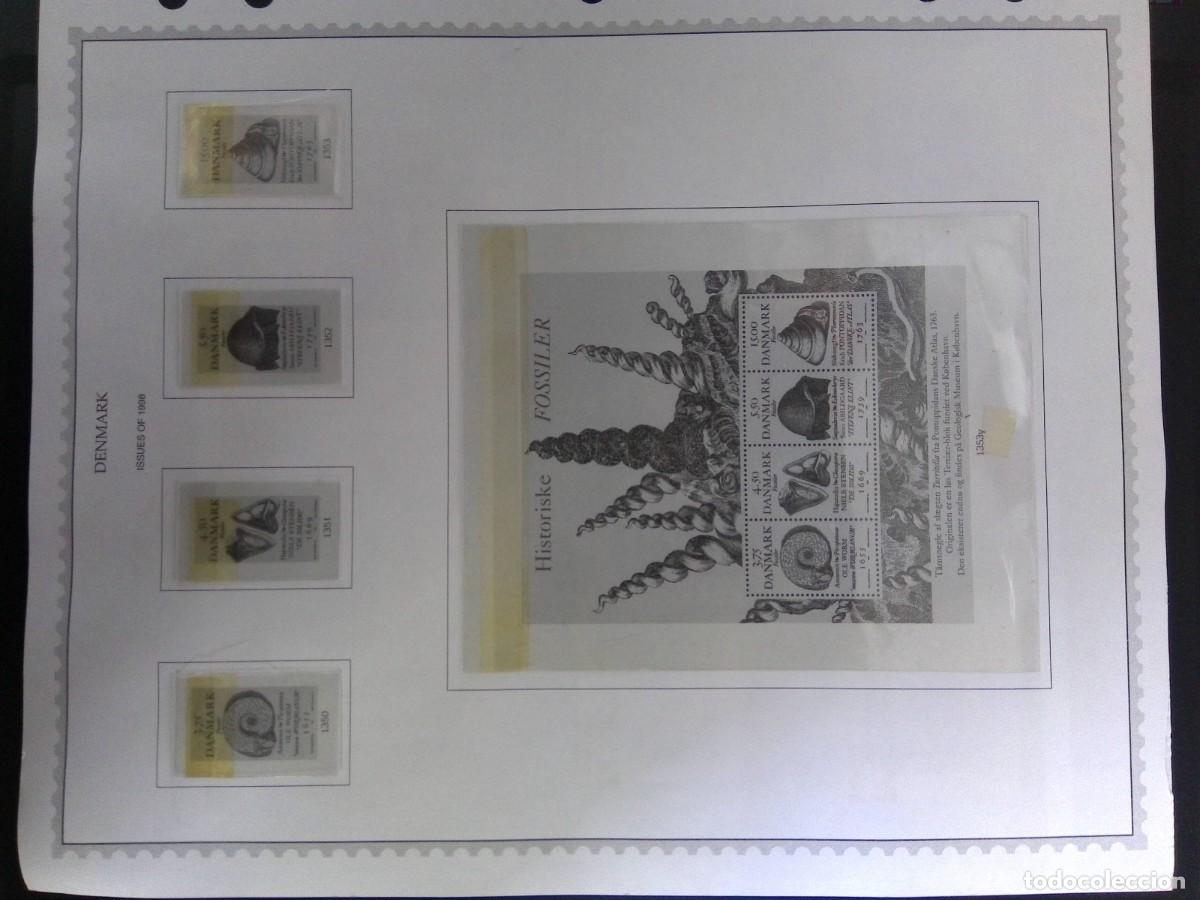 Sellos: KV)1998 DENMARK, ALBUM SHEET OF 1998 ISSUES THAT STARTS WITH FOUR SINGLE HISTORIC FOSSIL STAMPS ON T