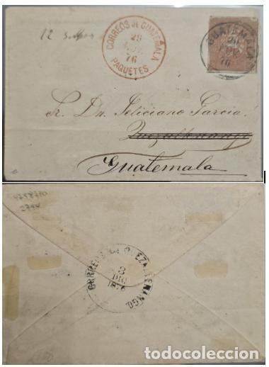 Sellos: MI) 1876 GUATEMALA, FLOWN COVER WITH FISCAL STAMP, RED &rdquo;CORREOS DE GUATEMALA PAQUETES&rdquo; CIRCULAR POST