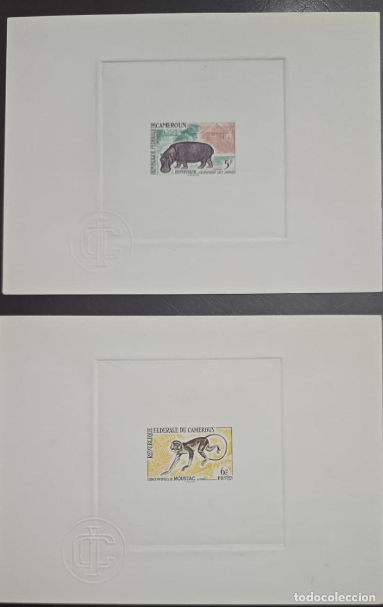 Sellos: MI) 1962 CAMEROON, TWO DELUXE PROOFS FEATURING STAMPS FROM THE LOCAL WILDLIFE SERIES WITH AN EMBOSSE