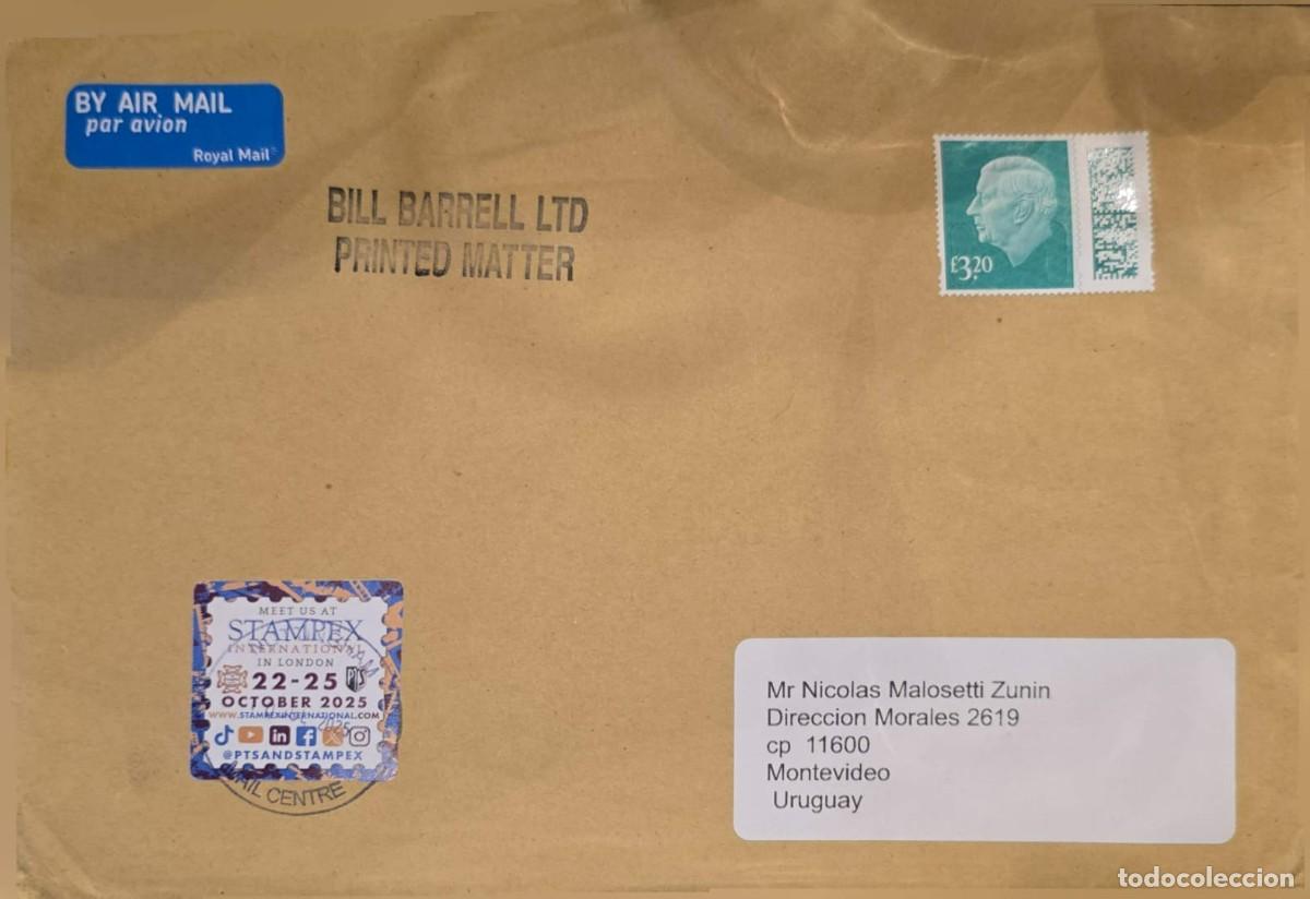 Sellos: MI) 2025 GREAT BRITAIN, AIRMAIL COVER SENT FROM THE UK TO MONTEVIDEO, URUGUAY. FEATURES A ROYAL MAIL