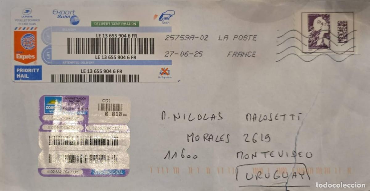 Sellos: MI) 2025 FRANCE, LA POSTE, SENT TO MONTEVIDEO, URUGUAY ON JUNE 27; THE PACKAGE BEARS TWO BARCODES DU