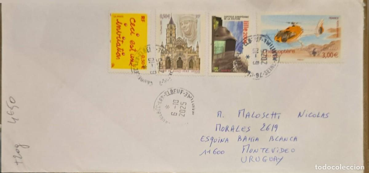 Sellos: MI) 2004 FRANCE, COVER SENT TO MONTEVIDEO, URUGUAY, WITH MULTIPLE CANCELLATIONS AND STAMPS, VF