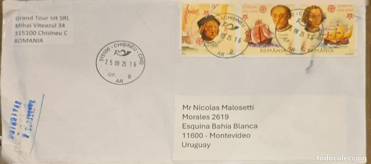 Sellos: MI) 2025 ROMANIA, SENT FROM CHISINAU TO MONTEVIDEO, URUGUAY, ON SEPTEMBER 25. FRAGMENTS OF BLUE INK
