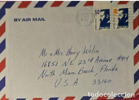 Sellos: TS) CIRCA 1962 ISRAEL, CANCELLATION STAMP, AIRMAIL, COVER SENT FROM TEL AVIV TO MIAMI, THEODOR ZEEV