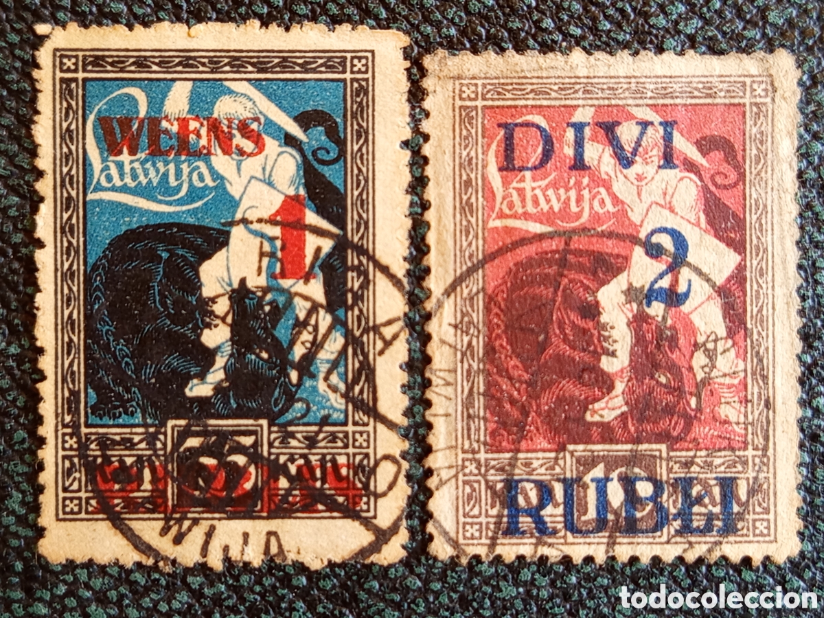 Francobolli: Pareja 2 Sellos Letonia 1920 Sobrecarga Rubli Oso Usados Matasellados