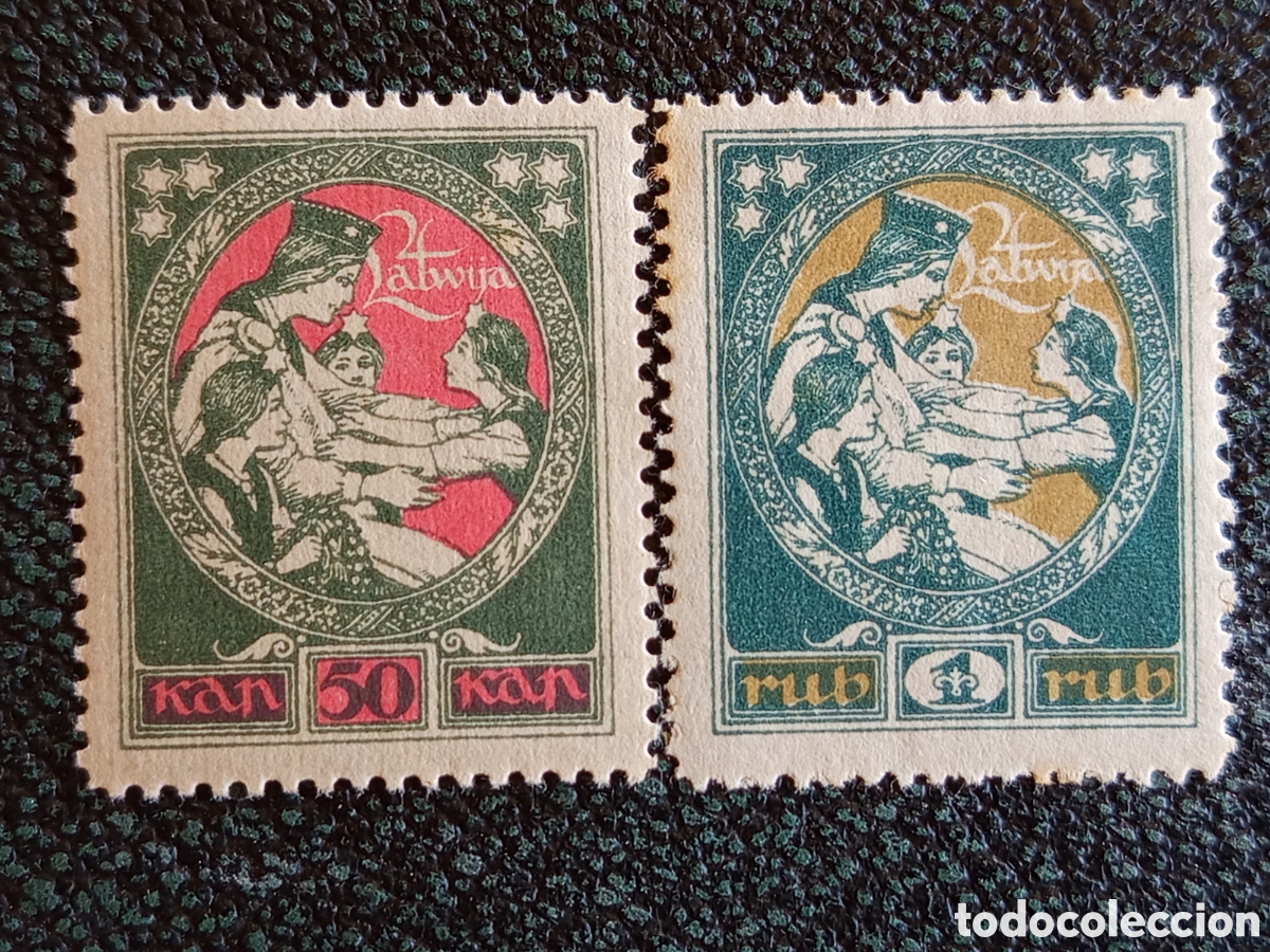 Sellos: Pareja Sellos Letonia 1920 50k 1r Alegor&iacute;a Regiones Dise&ntilde;os MH Nuevo