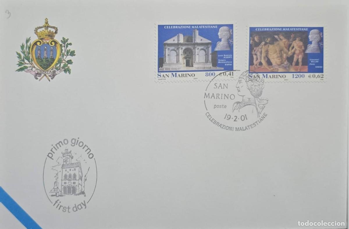 Sellos: MI) 2001, SAN MARINO, COVER WITH TWO STAMPS, FIRST ISSUE, FEATURING ARCHITECTURE AND A BUST OF LEON