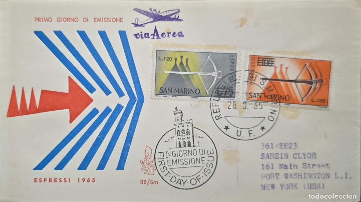 Sellos: MI) 1965, SAN MARINO, FIRST DAY COVER WITH TWO SPECIAL CIRCULAR CANCELLATION MARKS AND TWO IDENTICAL