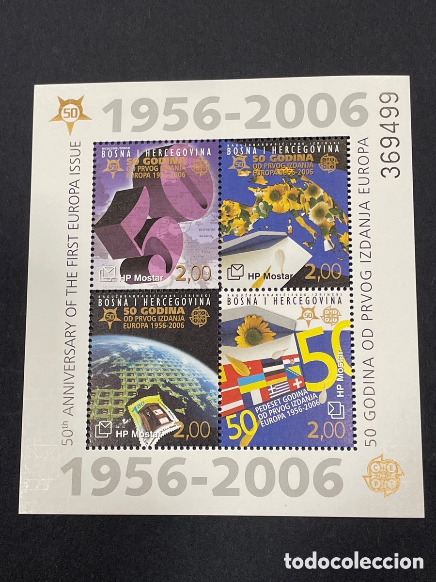 Sellos: Bosnia Hercegovina Mostar 50 aniversario emisiones Europa CEPT Hojita