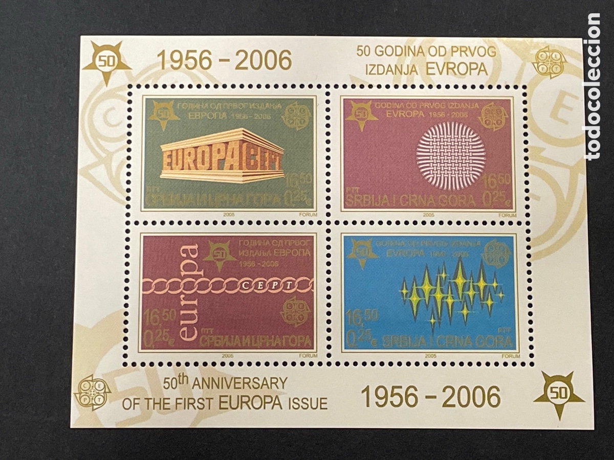 Sellos: Serbia y Montenegro Hojita 50 aniversario primera emisi&oacute;n de Europa CEPT