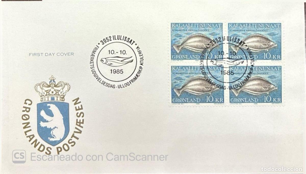 Sellos: MI) 1985, GREENLAND, FIRST DAY COVER, FOUR IDENTICAL FISHING-THEMED STAMPS, CIRCULAR POSTMARKS, VF.