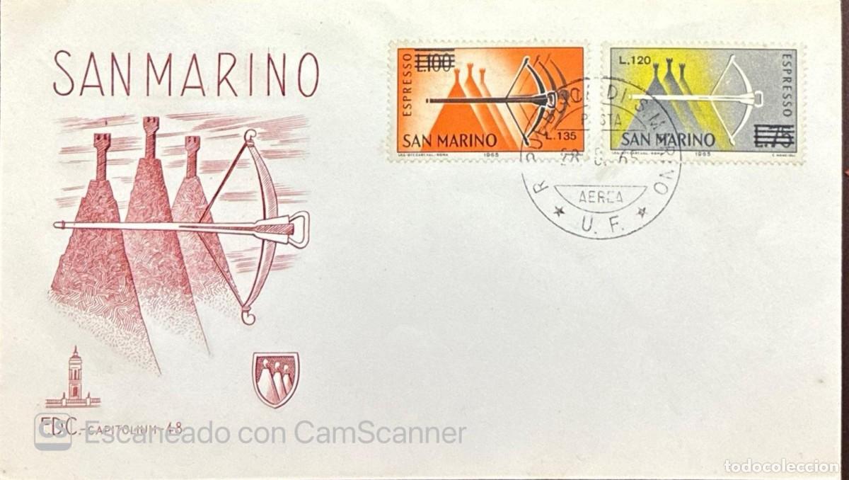 Sellos: MI) 1965, SAN MARINO, COMMEMORATIVE FIRST DAY COVER, TWO STAMPS FROM THE &rdquo;CROSSBOW AND TOWERS&rdquo; SERIE