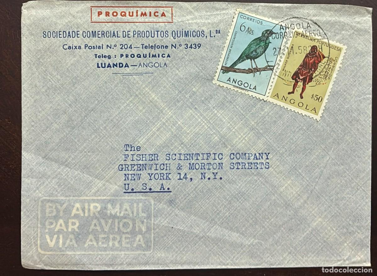 Sellos: TS) 1958 ANGOLA, AIRMAIL, COVER SENT FROM LUANDA TO NEW YORK,WITH ANGOLAN TYPES AND BIRDS,VF.