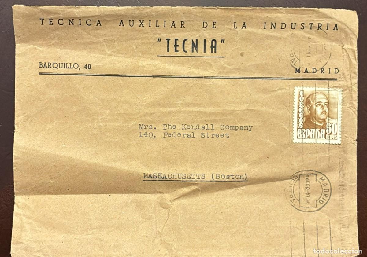 Sellos: TS) CIRCA 1950 SPAIN, CANCELLATION STAMP, COVER SENT FROM MADRID TO BOSTON,WITH GENERAL FRANCO,VF.