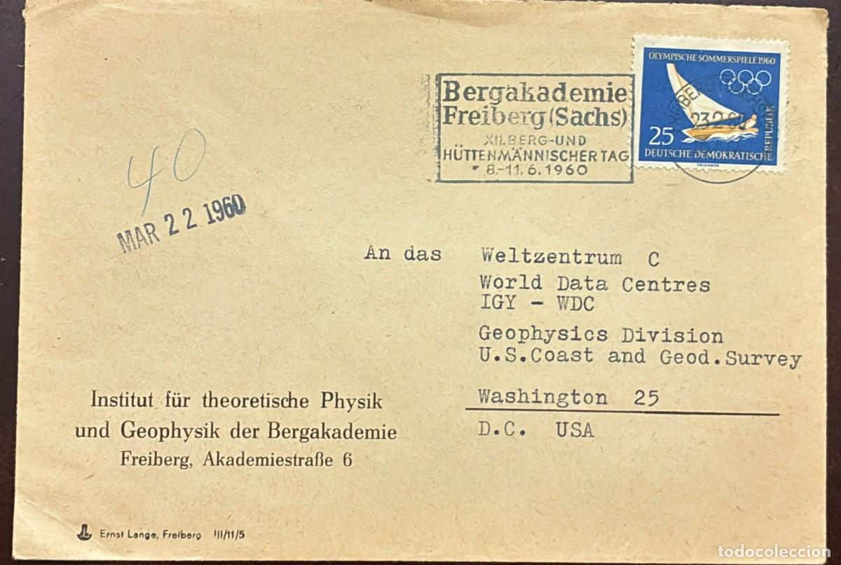 Sellos: TS) 1960 GERMANY,COVER SENT FROM FREIBERG TO WASHINGTON, MINERS AND METALWORKERS DAY, WITH THE OLYMP