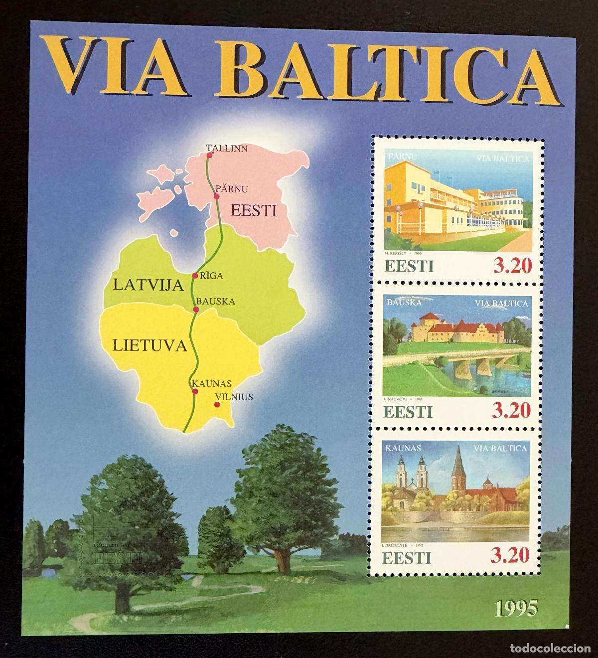 Sellos: Estonia 1995 Mi. Bl. 8 emisi&oacute;n conjunta Via Baltica P&auml;rnu Bauska Kaunas