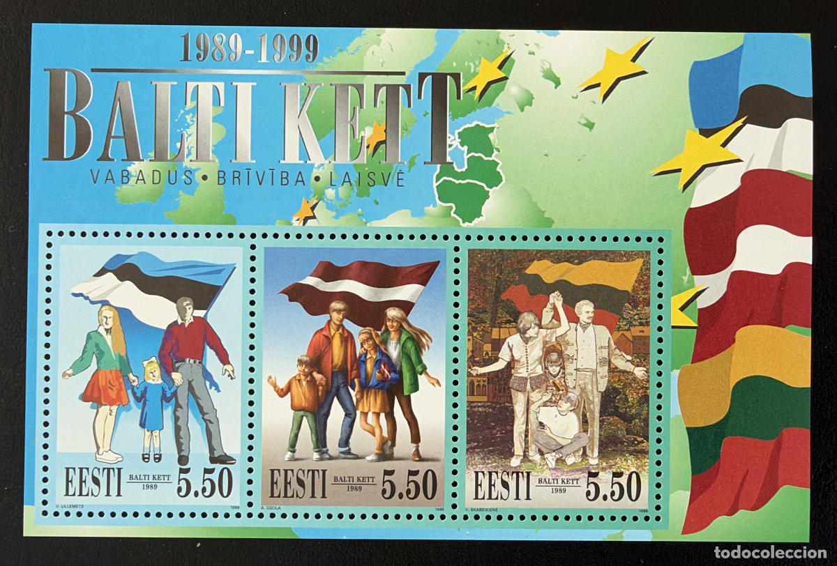 Sellos: Estonia 1999 Mi. Bl. 13 emisi&oacute;n conjunta Cadena B&aacute;ltica banderas