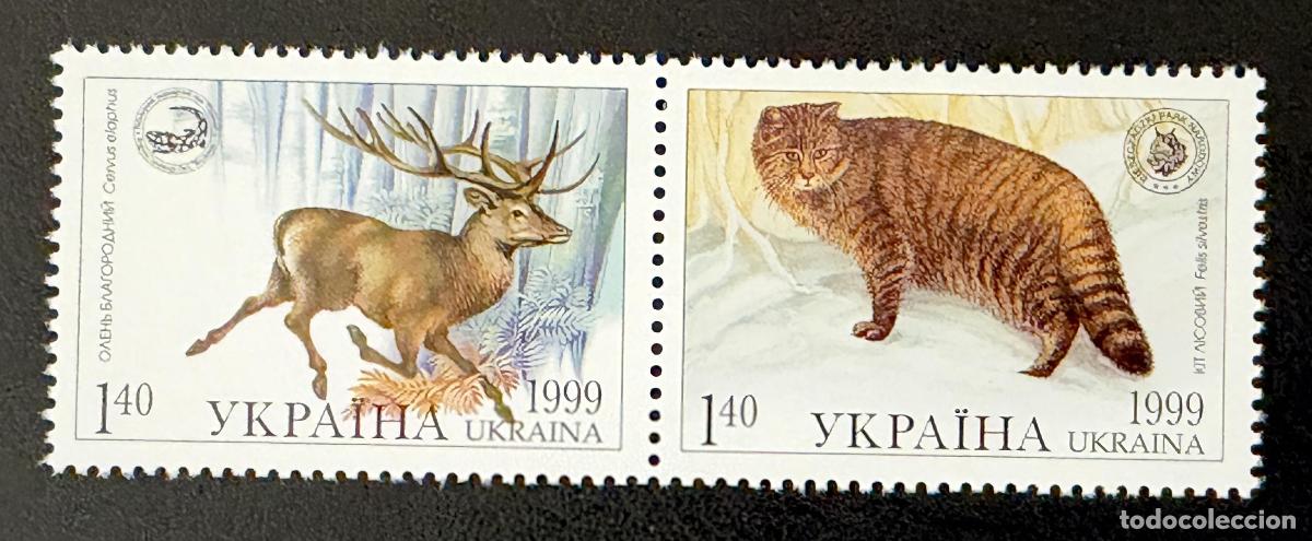 Sellos: Ucrania 1999 Mi. 321-322 emisi&oacute;n conjunta ciervo rojo gato mont&eacute;s fauna
