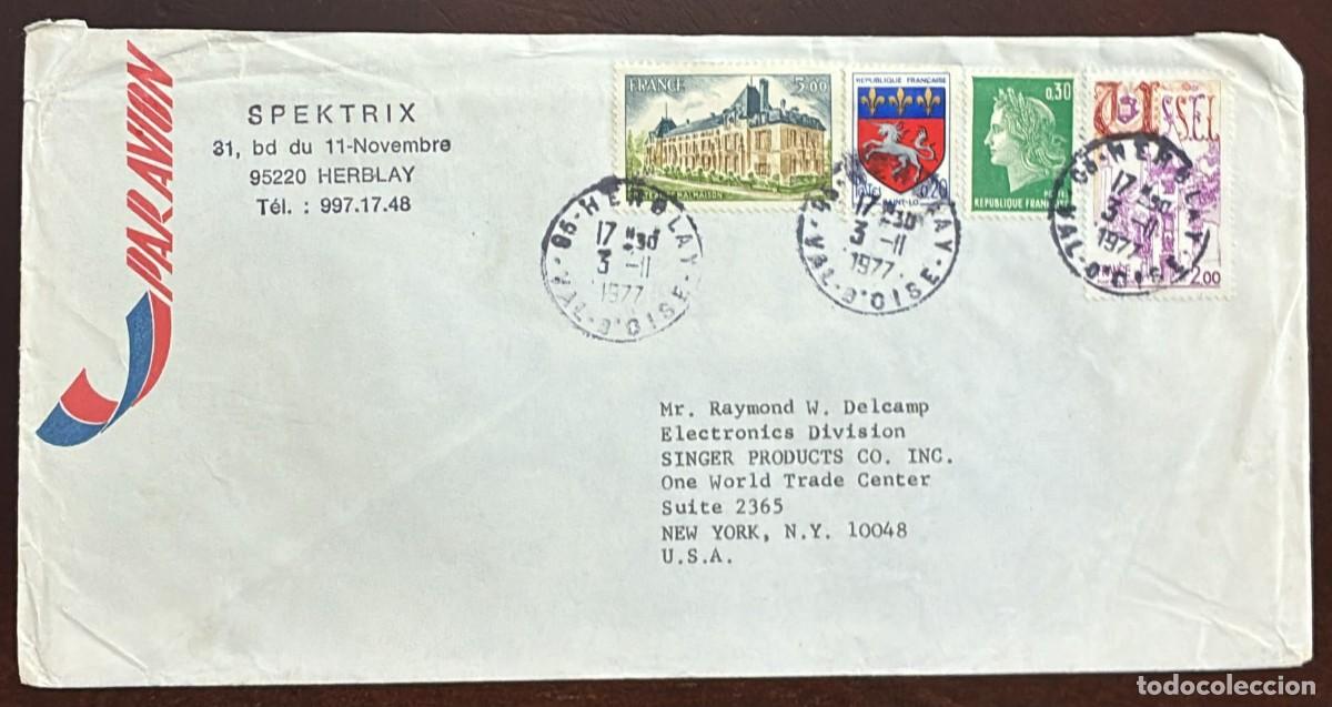 Sellos: TS) 1977 FRANCE, AIRMAIL, COVER SENT FROM HERBLAY TO NEW YORK,WITH MARIANA DE CHEFFER TOURISM AND TH