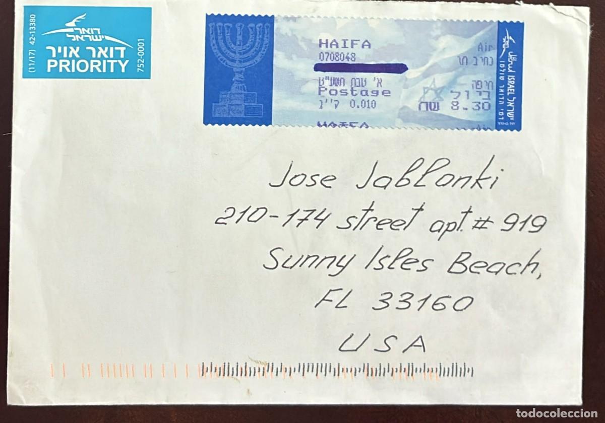 Sellos: TS) 2018 ISRAEL, MECHANICAL STATIONARY, AIRMAIL, COVER SENT FROM HAIFA TO FLORIDA,VF.