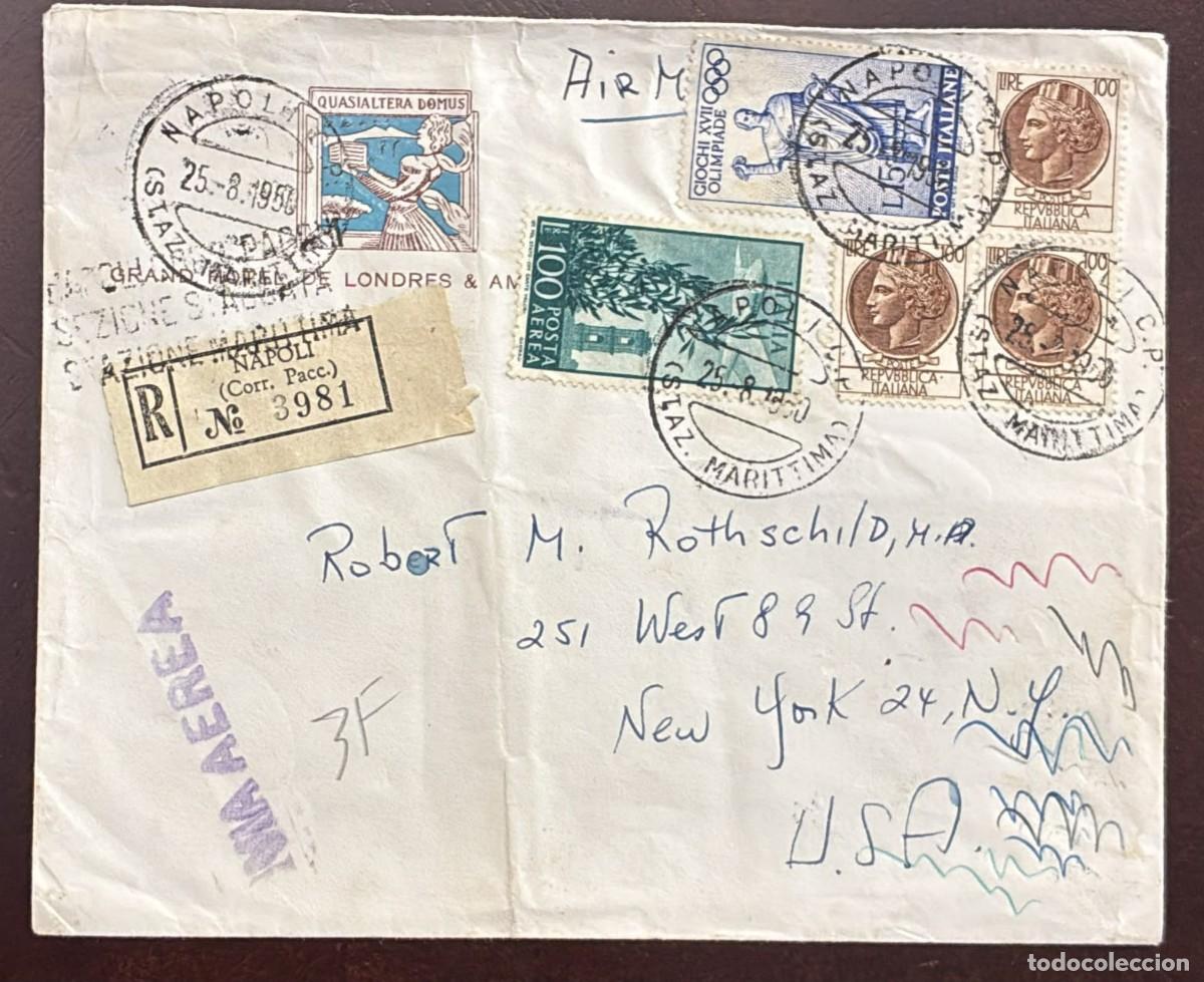 Sellos: TS) 1960 ITALY, REGISTERED, AIRMAIL, COVER SENT FROM NAPLES TO NEW YORK,SYRACUSAN COIN AND THE ROME